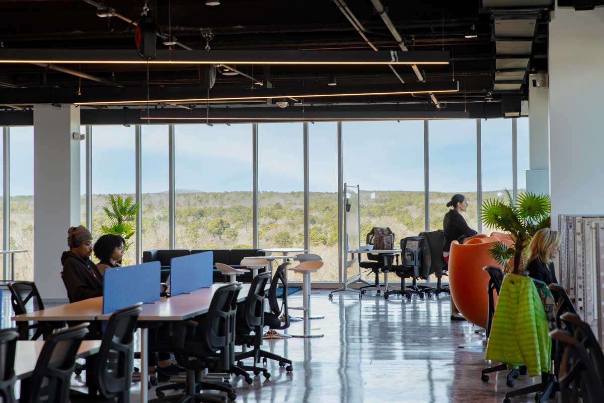 A wide-angle shot of the sixth floor in Innovate Carolina's The Junction